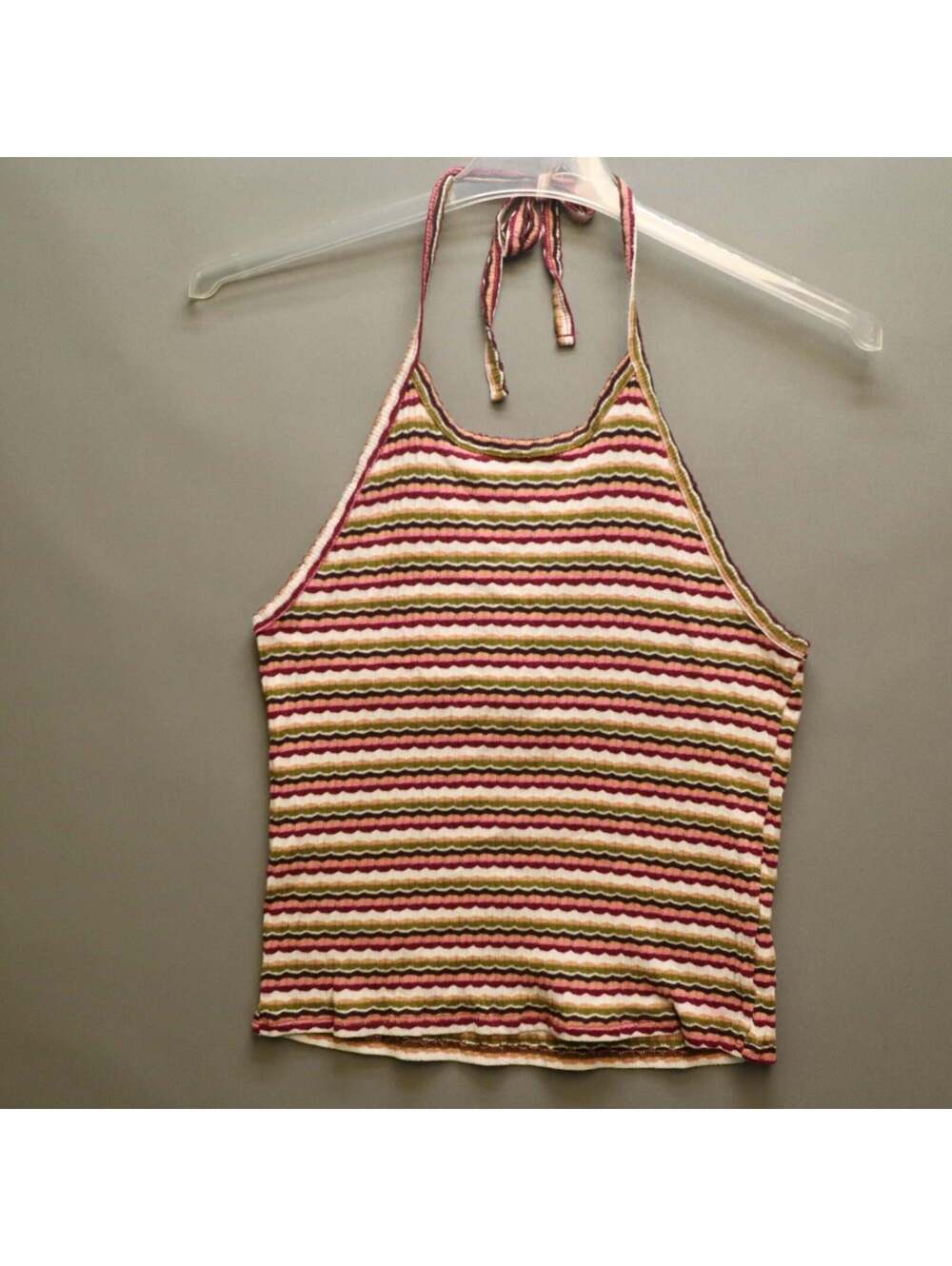 American Eagle Striped Ribbed Halter Top XL Pink Green Tan Wavy Stripe Crop Cami